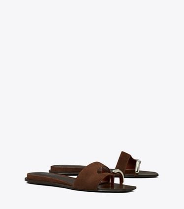 Tory Burch designer sandalen Slide mit Piercingdetail in DARK COCOA / SILVER angle