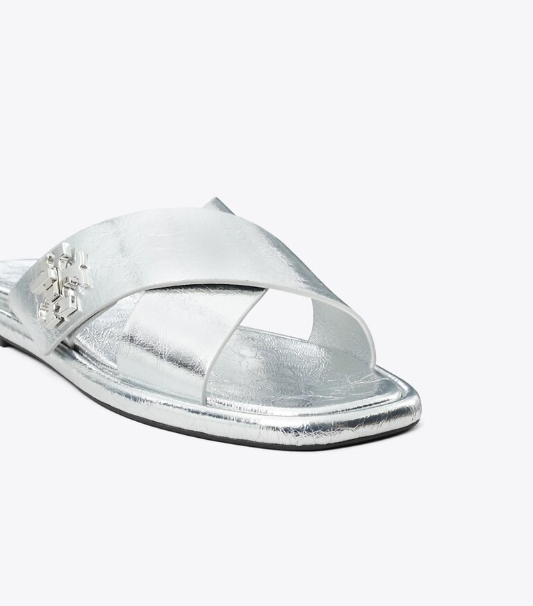 Tory Burch designer sandali Slider con dettagli a girello in SHINY SILVER angle