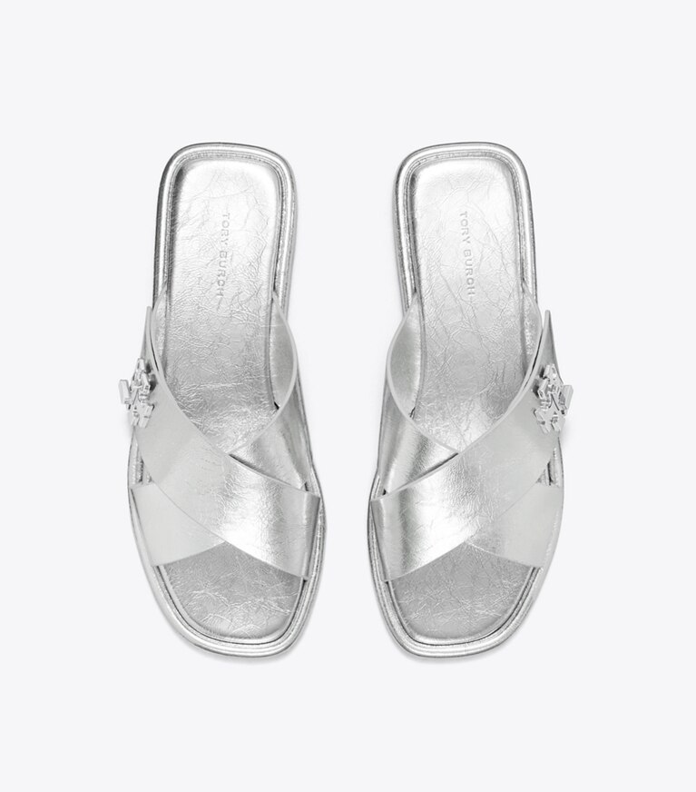 Tory Burch designer sandali Slider con dettagli a girello in SHINY SILVER angle