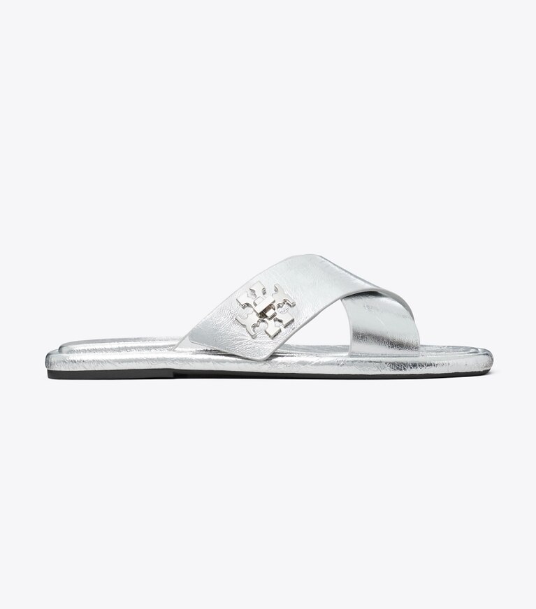 Tory Burch designer sandali Slider con dettagli a girello in SHINY SILVER angle