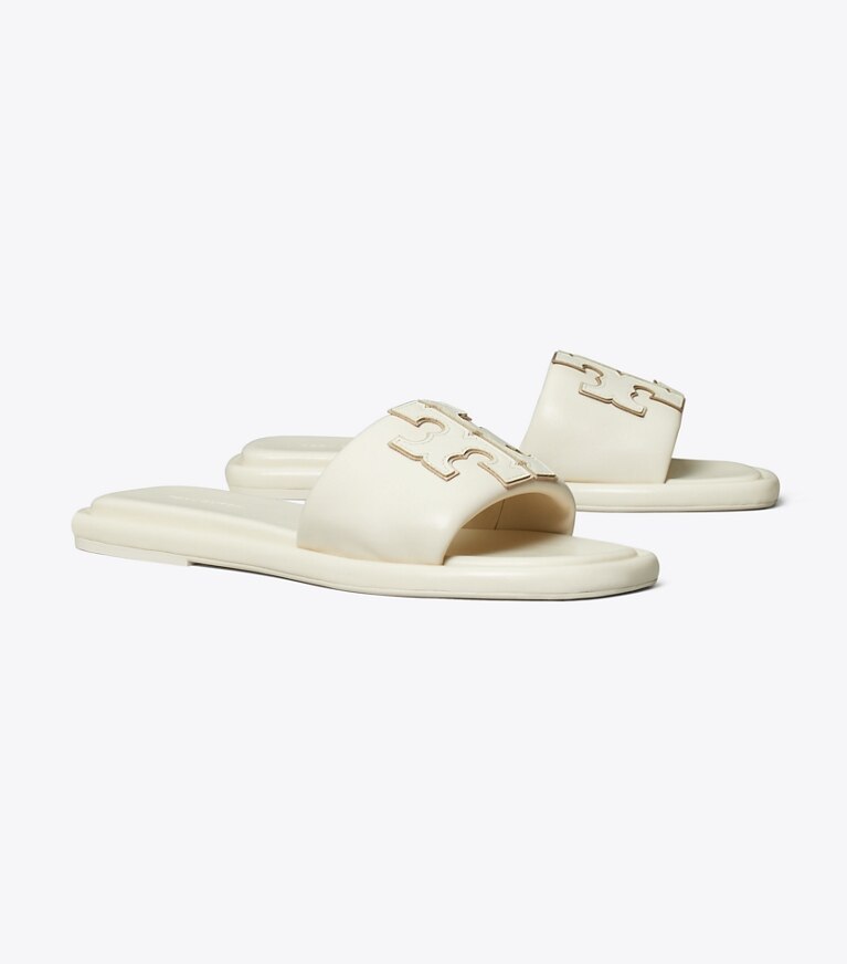 Tory Burch designer sandali Slider sportiva con doppia T in LIGHT CREAM / GOLD angle