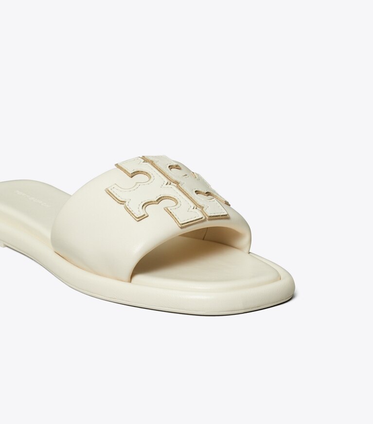 Tory Burch designer sandali Slider sportiva con doppia T in LIGHT CREAM / GOLD dettaglio