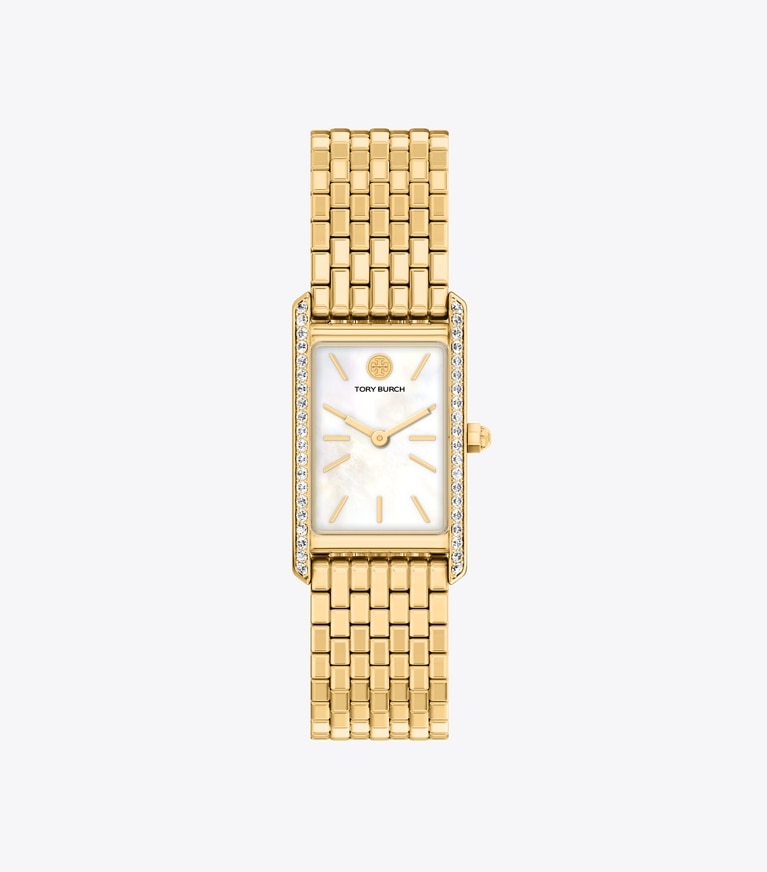 Tory Burch designer strap watches Slim Eleanor Watch in MOP/GOLD/PAVE front