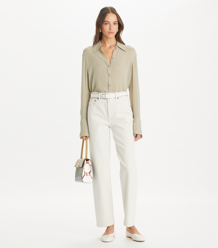 Tory Burch designer bottoms Slim Jean in Soft Oatmeal on model front