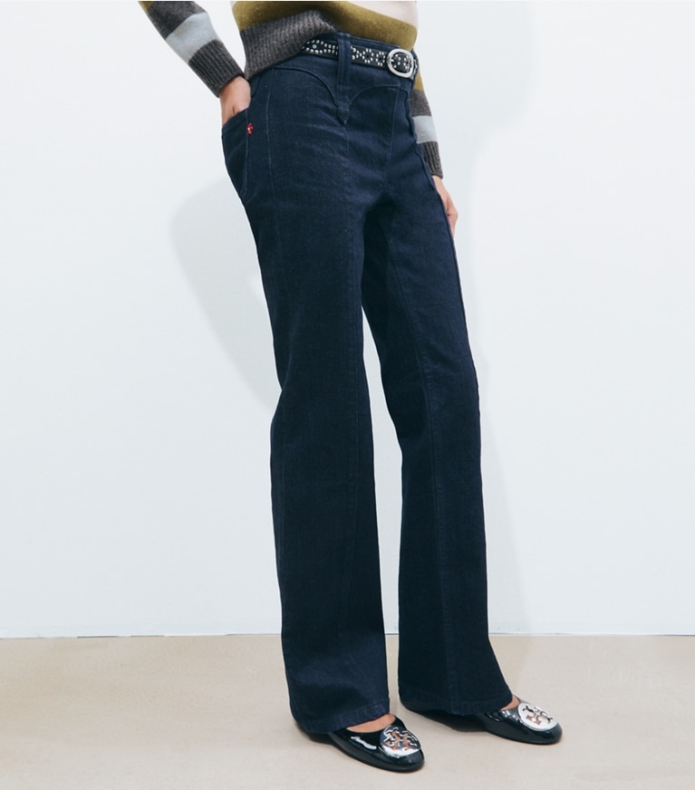 Tory Burch designer bottoms Slim Leg Jean in Rinse Wash on model detail
