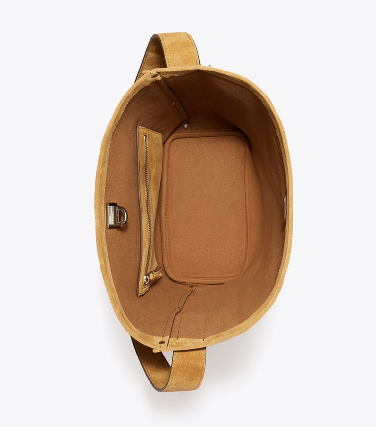 Tory Burch designer schultertaschen Slim Lock Bucket Bag aus Wildleder in WILD TABACCO von oben