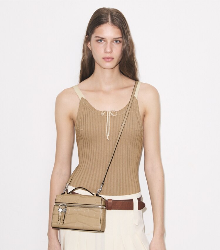 Tory Burch designer crossbody bags Slim Romy Croc-Embossed Top Handle Bag in Light Hickory accessory on model