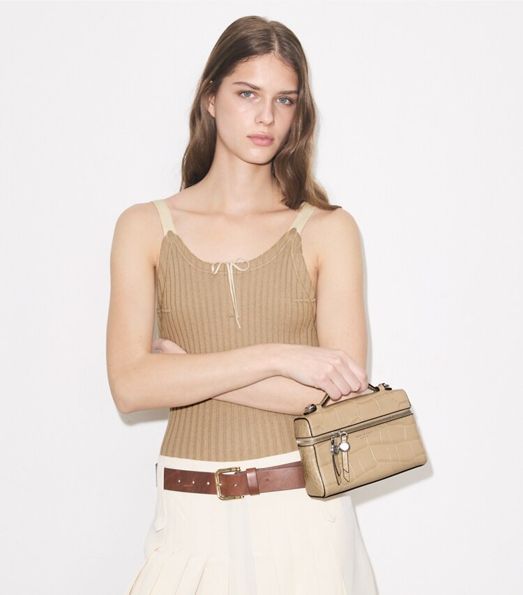 Tory Burch designer crossbody bags Slim Romy Croc-Embossed Top Handle Bag in Light Hickory additional on model