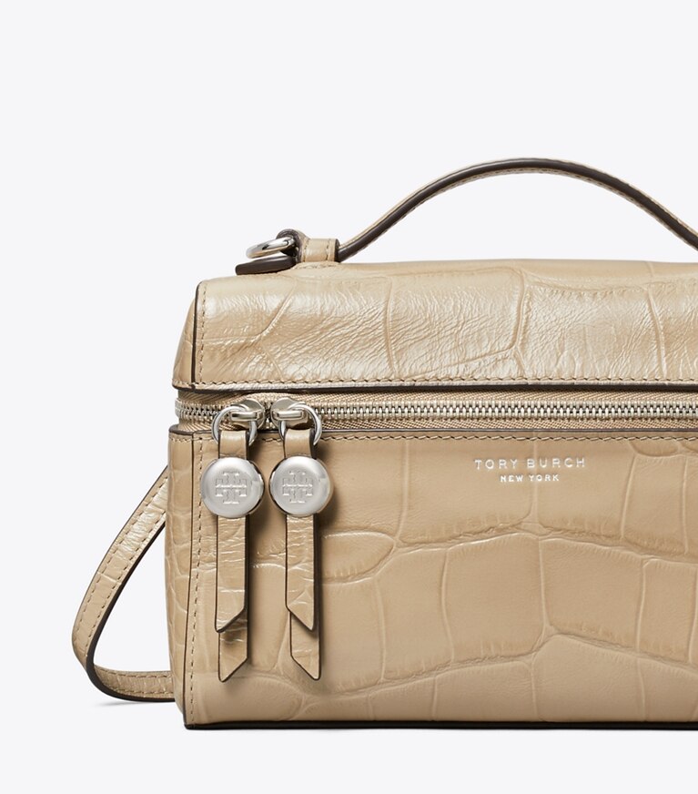Tory Burch designer crossbody bags Slim Romy Croc-Embossed Top Handle Bag in Light Hickory detail