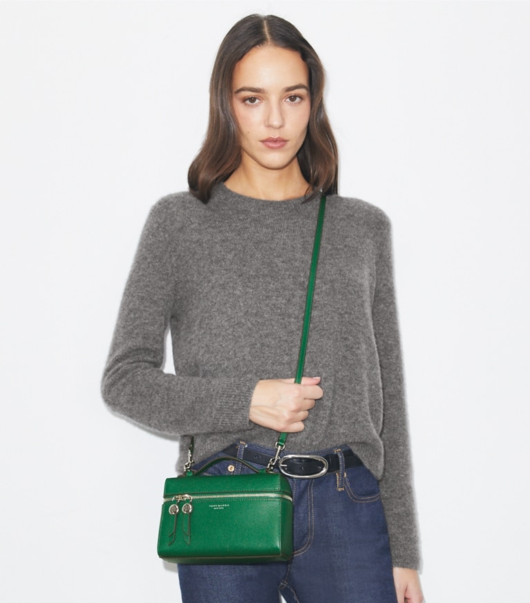 Tory Burch designer mini bags Slim Romy Top Handle Bag in Dark Kale accessory on model