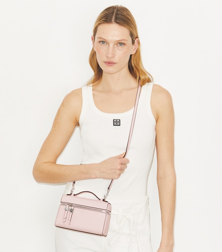 Tory Burch designer mini bags Slim Romy Top Handle Bag in Rose Mist accessory on model