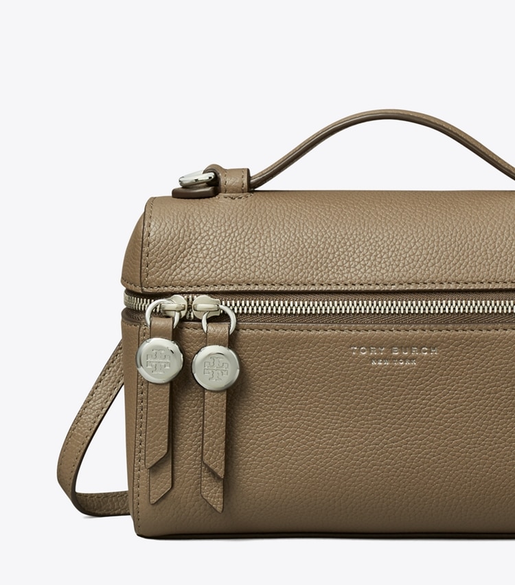 Tory Burch designer crossbody bags Slim Romy Top Handle Bag in Wild Mushroom detail
