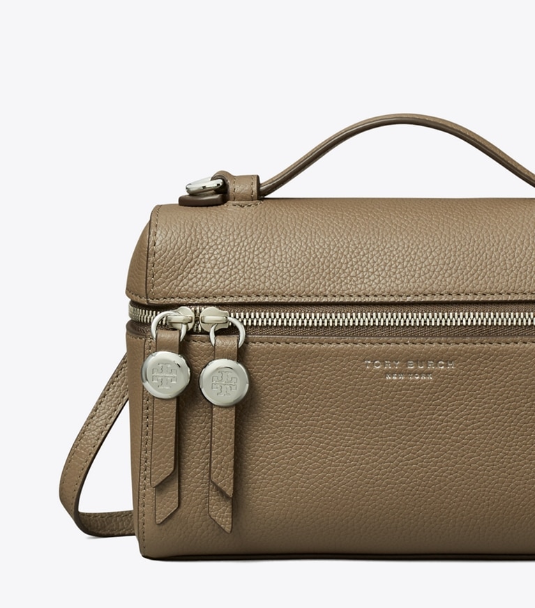 Tory Burch designer crossbody bags Slim Romy Top Handle Bag in Wild Mushroom detail