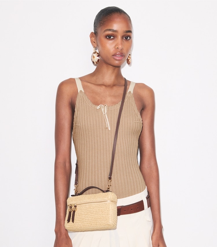 Tory Burch designer crossbody bags Slim Romy Woven Top Handle Bag in Natural accessory on model