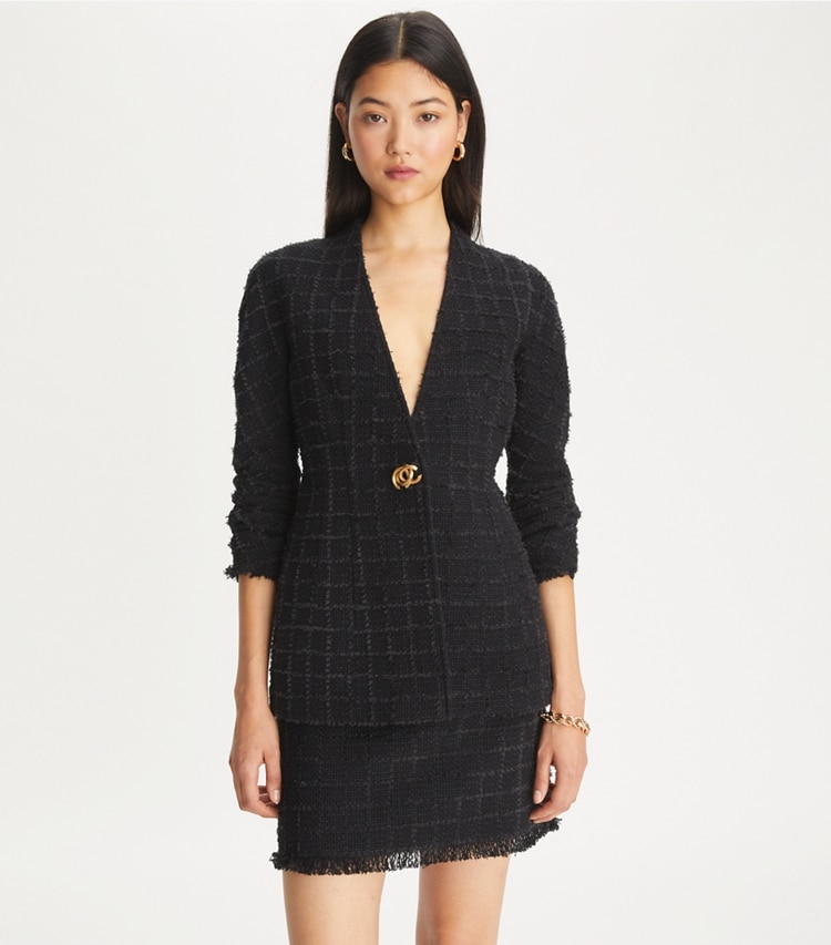 Tory Burch designer jackets Slim Tweed Jacket in Black/Black on model detail