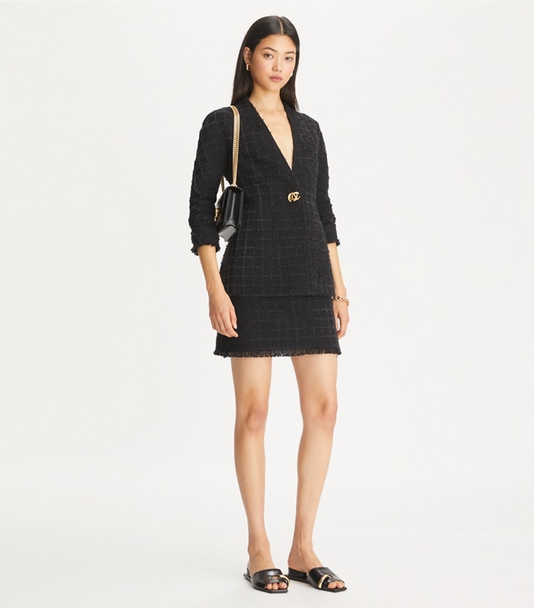 Tory Burch designer jackets Slim Tweed Jacket in Black/Black on model front