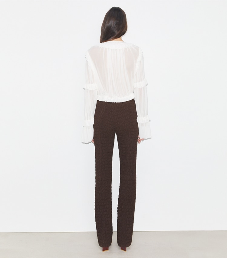 Tory Burch designer bottoms Slim Wool and Silk Pant in Boba Brown on model back