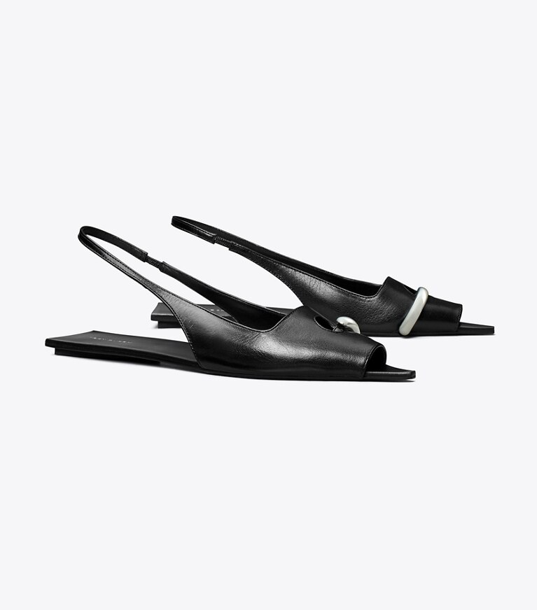 Tory Burch designer sandalen Slingback-Flat mit perforiertem Detail in PERFECT BLACK / PERFECT BLACK / SILVER angle