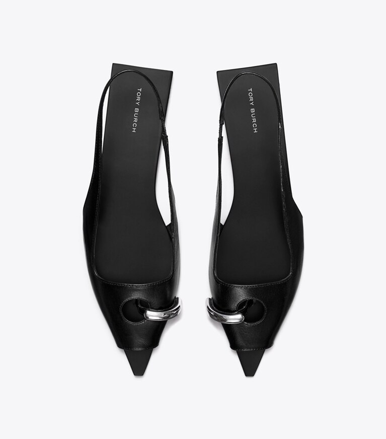 Tory Burch designer sandalen Slingback-Flat mit perforiertem Detail in PERFECT BLACK / PERFECT BLACK / SILVER angle