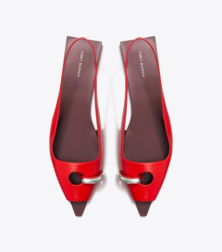 Tory Burch designer sandalen Slingback-Flat mit perforiertem Detail in PLUM / RED / SILVER angle