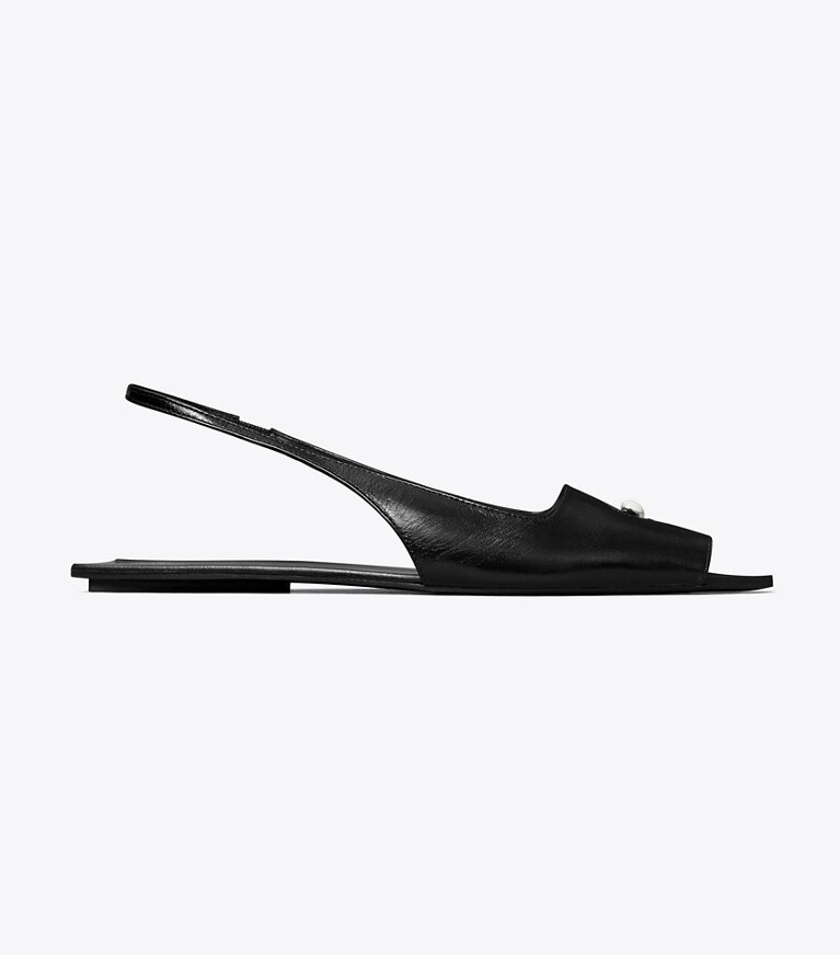 Tory Burch designer sandalen Slingback-Flat mit perforiertem Detail in PERFECT BLACK / PERFECT BLACK / SILVER angle
