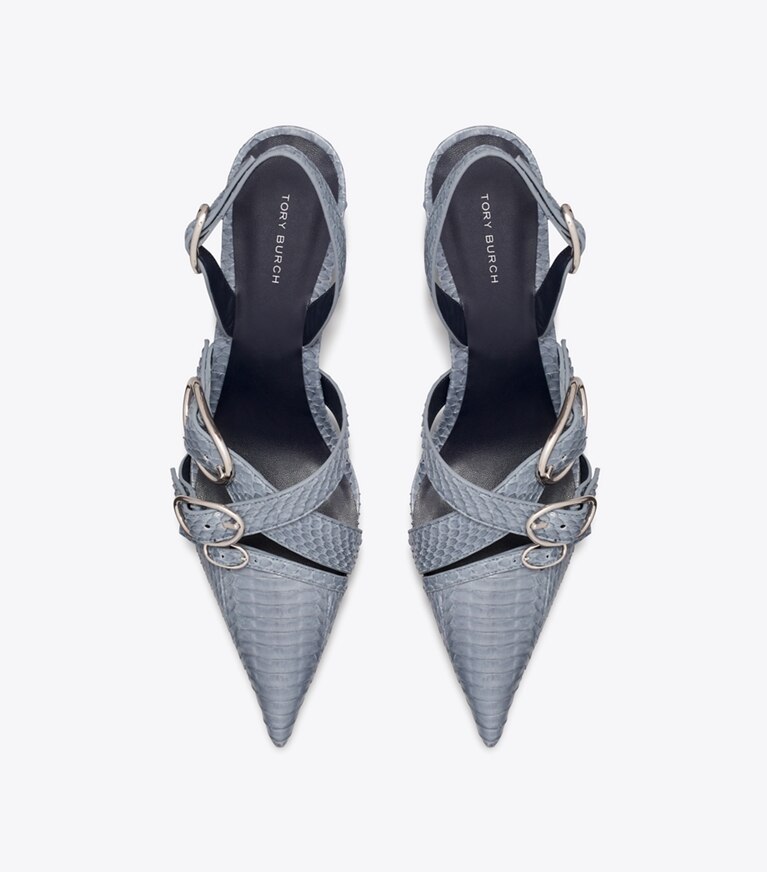 Tory Burch designer heels Slingback mit mehreren Schnallen in DUSKY BLUE / SILVER von oben