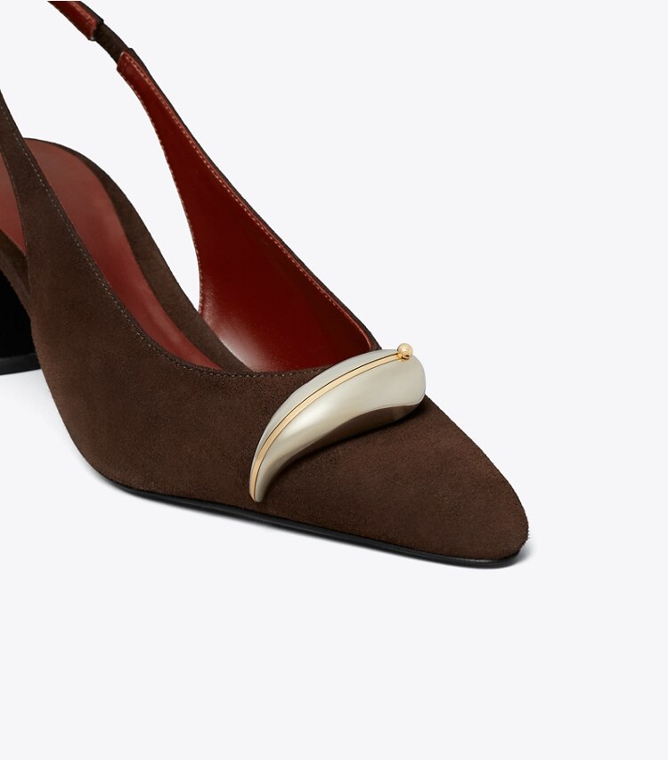 Tory Burch designer scarpe con tacco Slingback Pierced con tacco in DARK COCOA / SILVER dettaglio