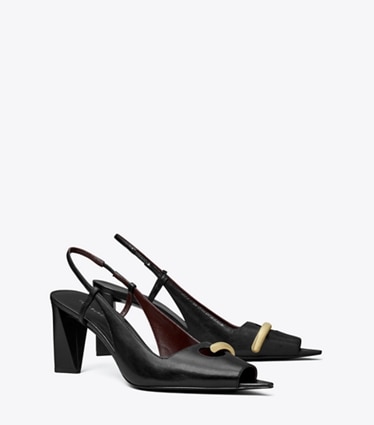 Tory Burch designer scarpe con tacco Slingback spuntata Pierced in PERFECT BLACK / GOLD angle