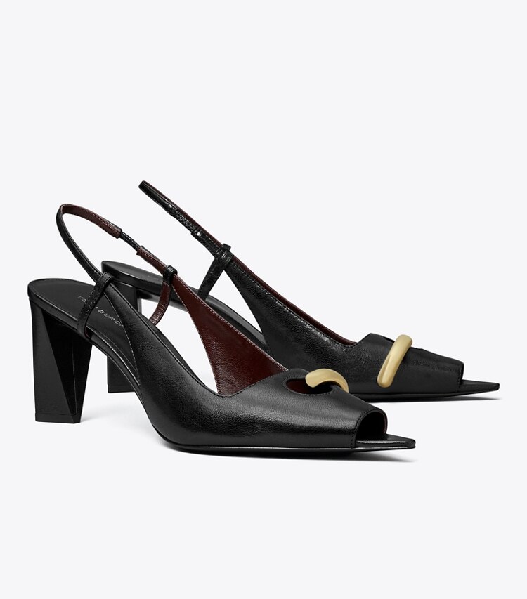 Tory Burch designer scarpe con tacco Slingback spuntata Pierced in PERFECT BLACK / GOLD angle