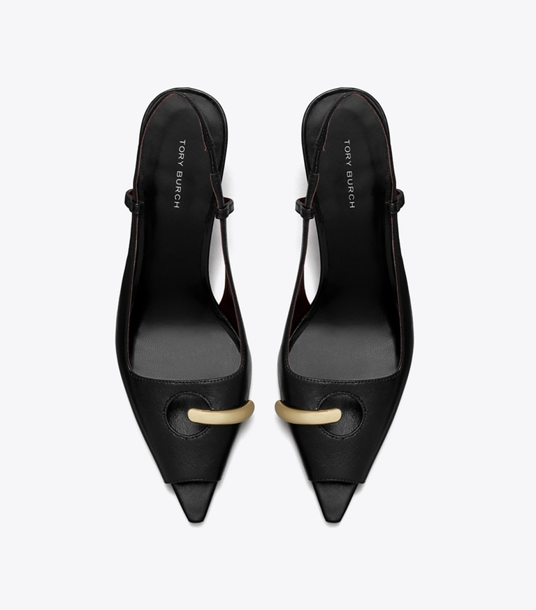 Tory Burch designer scarpe con tacco Slingback spuntata Pierced in PERFECT BLACK / GOLD angle