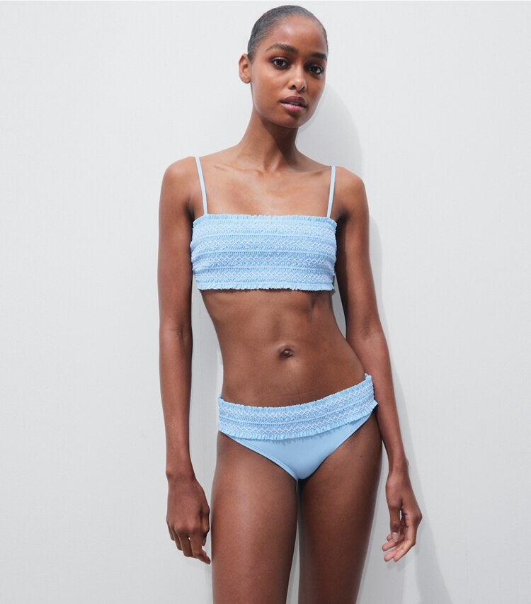 Tory Burch designer bikini Slip bikini Costa a punto smock in Washed Sky / White on model detail