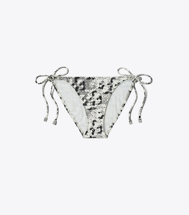 Tory Burch designer bikini Slip per bikini con cordoncino e Gemini Link in New Ivory Distressed Pixelated Logo front