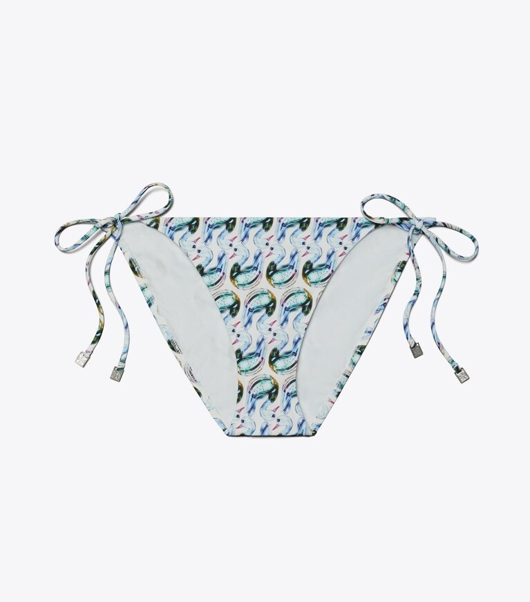 Tory Burch designer bikini Slip per bikini stampato con cordoncino in Blue Glass Swan Allover front