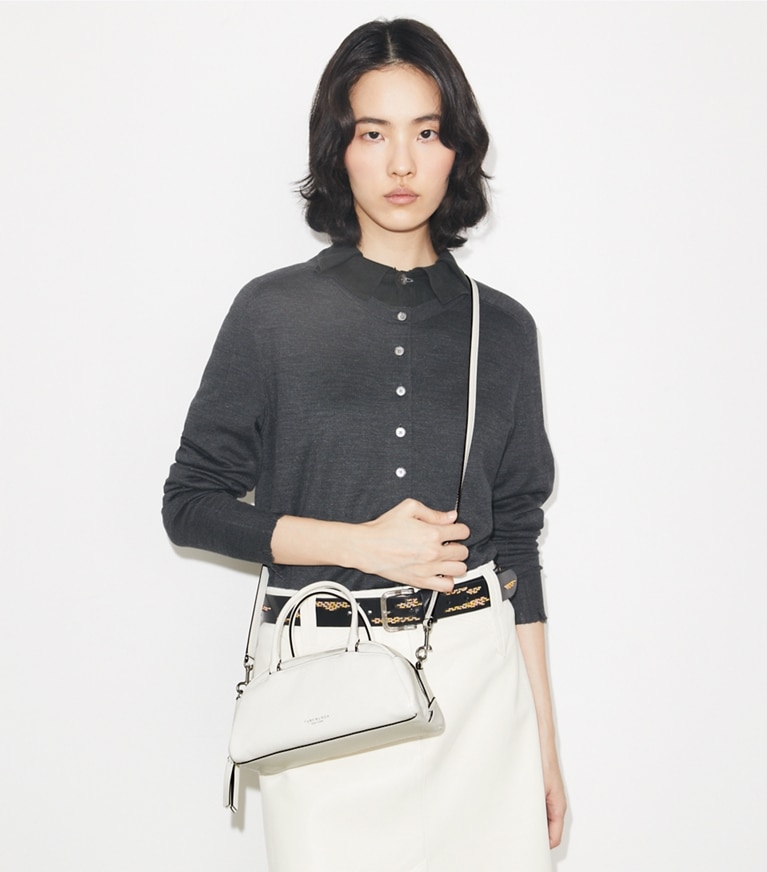 Tory Burch designer crossbody bags Small Bowler in Bianco accessory on model