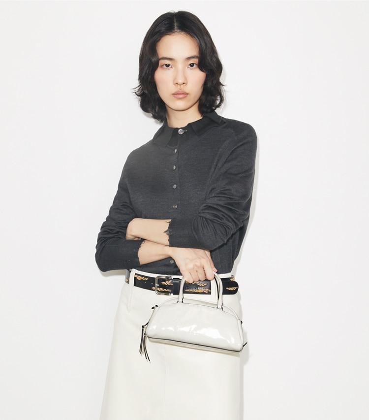 Tory Burch designer crossbody bags Small Bowler in Bianco additional on model