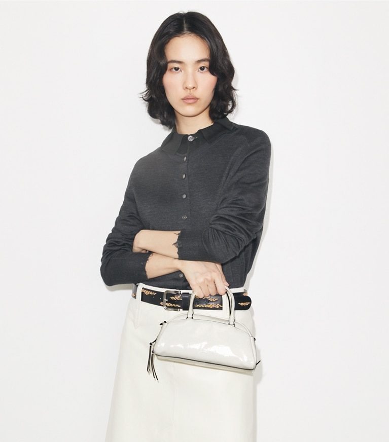 Tory Burch designer crossbody bags Small Bowler in Bianco additional on model