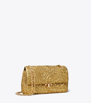 Tory Burch designer shoulder bags Small Bunny Knot Brocade Shoulder Bag in Antique Gold angle