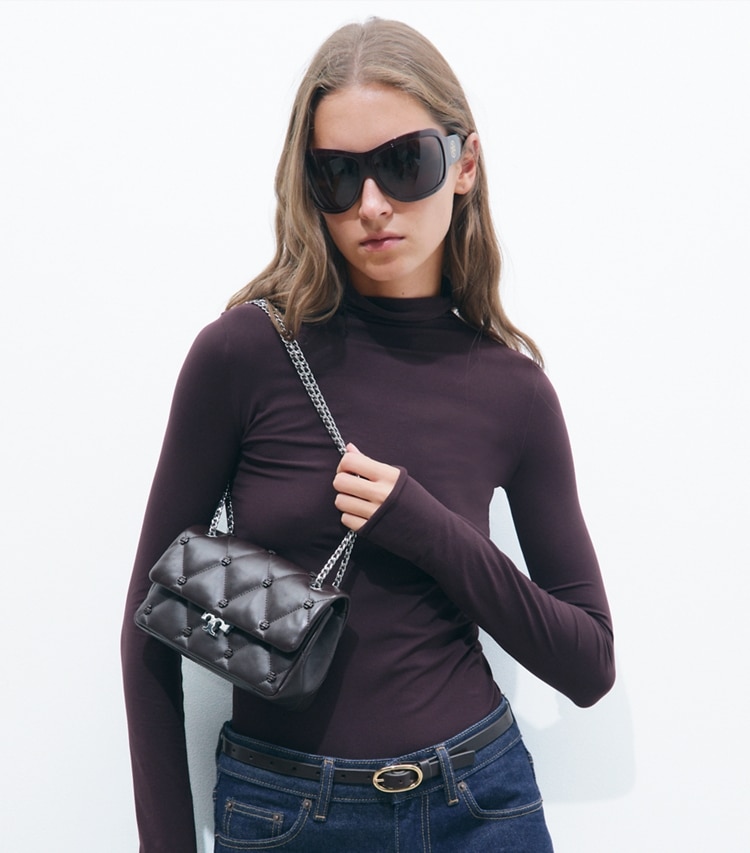 Tory Burch designer shoulder bags Small Bunny Knot Shoulder Bag in Cocoa accessory on model