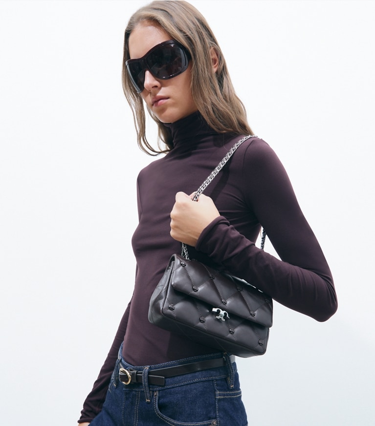 Tory Burch designer shoulder bags Small Bunny Knot Shoulder Bag in Cocoa additional on model