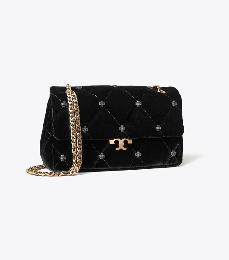 Tory Burch designer shoulder bags Small Bunny Knot Velvet Shoulder Bag in Black angle