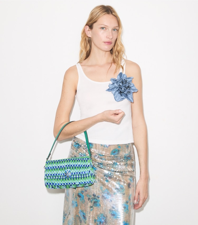 Tory Burch designer shoulder bags Small Charlie Beaded Shoulder Bag in Blue Multi accessory on model