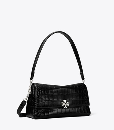 Tory Burch designer shoulder bags Small Charlie Croc-Embossed Shoulder Bag in Black angle