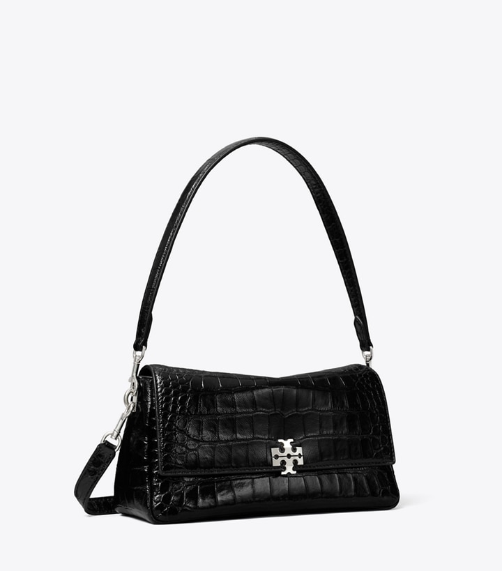 Tory Burch designer shoulder bags Small Charlie Croc-Embossed Shoulder Bag in Black angle
