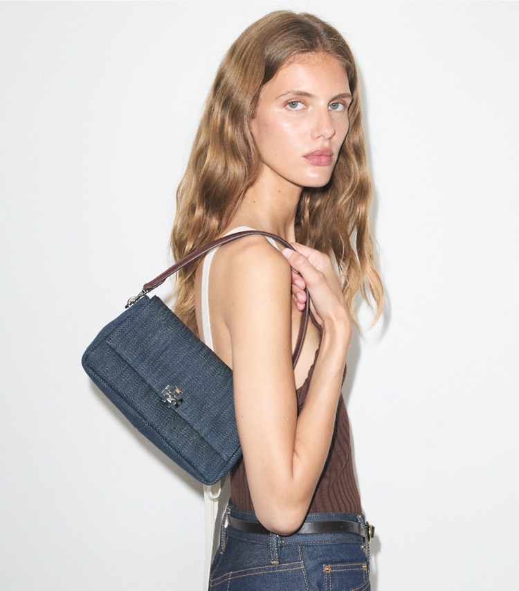 Tory Burch designer shoulder bags Small Charlie Denim Shoulder Bag in Midnight accessory on model