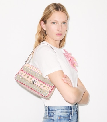 Tory Burch designer shoulder bags Small Charlie Embellished Shoulder Bag in Pink / Gray accessory on model