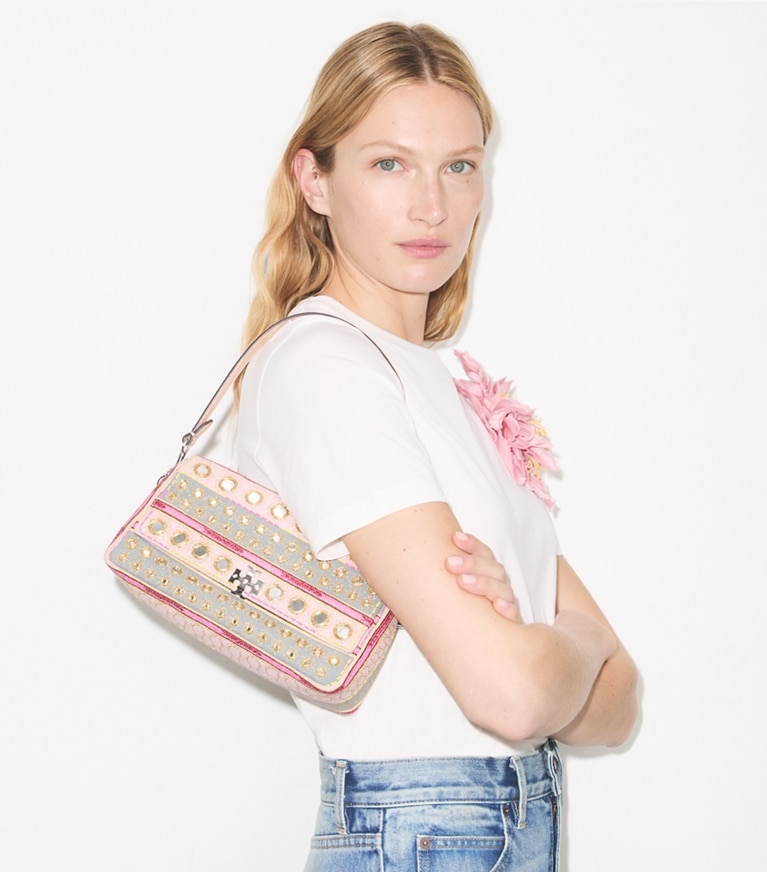 Tory Burch designer shoulder bags Small Charlie Embellished Shoulder Bag in Pink / Gray accessory on model