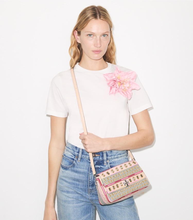 Tory Burch designer shoulder bags Small Charlie Embellished Shoulder Bag in Pink / Gray additional on model