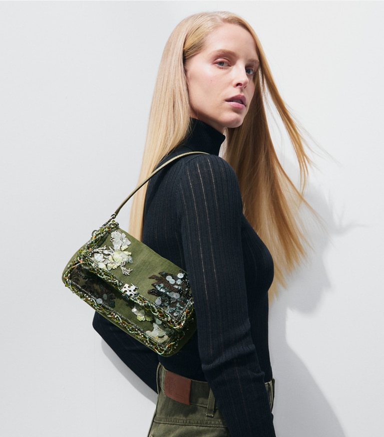 Tory Burch designer shoulder bags Small Charlie Embellished Shoulder Bag in Green additional on model