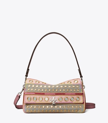 Tory Burch designer shoulder bags Small Charlie Embellished Shoulder Bag in Pink / Gray front
