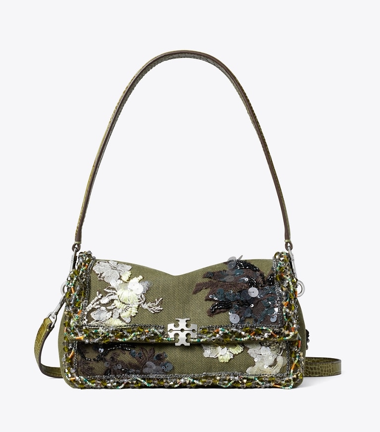 Tory Burch designer shoulder bags Small Charlie Embellished Shoulder Bag in Green front